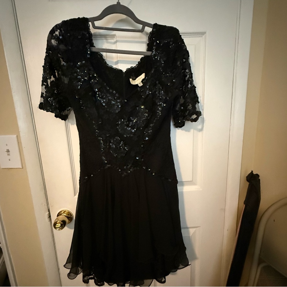 Janine Vintage Lace Little Black Dress Sequins Chiffon3/4 Sleeve,L, Fit & Flare